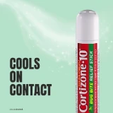 "Cortizone-10 Bug Bite Relief Stick against a light green background with text 'Cools on Contact.' The design conveys relief and freshness."