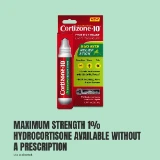 Cortizone-10 Bug Bite Relief Stick package on a green background. It promises itch relief from bites with soothing aloe and oat extract.