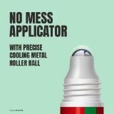 Image of a green background featuring a “No Mess Applicator” with a cooling metal roller ball. Text highlights its precision and cleanliness.