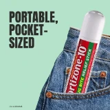 A relief stick protrudes from a blue jean pocket against a light green background. Bold text reads, "Portable, Pocket-Sized," conveying convenience.