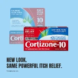 Two boxes of Cortizone-10 anti-itch creams, red and blue, feature aloe imagery. Text reads "New look. Same powerful itch relief." on a blue background.