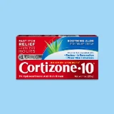 Box of Cortizone-10 maximum strength anti-itch cream with aloe on a blue background. Promises fast relief for rashes, inflammation, and minor irritations.