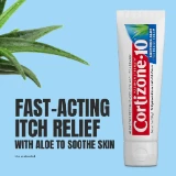 Tube of Cortizone-10 cream with aloe plant on blue background. Text highlights fast-acting itch relief and soothing skin benefits.