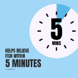 Blue background with a clock face showing a 5-minute countdown. Large text reads, "Helps relieve itch within 5 minutes." Tone: reassuring.