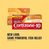Packaging for Cortizone-10 ointment shows new design. Red box highlights fast itch relief, water resistance, and maximum strength. Text: "New look. Same powerful itch relief."