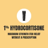 Yellow background with a black tube icon centered in a white circle. Text below reads "1% Hydrocortisone, Maximum strength itch relief without a prescription."