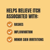 Yellow background with bold black text: “Helps relieve itch associated with.” Below, three checked circles label "Rashes," "Inflammation," "Minor Skin Irritations."