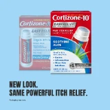 Packaging of Cortizone-10 with soothing aloe is shown against a blue background. The text reads, "New Look. Same Powerful Itch Relief." The tone is reassuring.