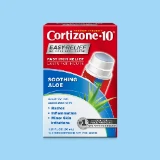 Red and blue packaging of Cortizone-10 with soothing aloe, featuring "Fast Itch Relief," applicator image, and benefits for rashes, inflammation.