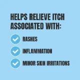 Text on a light blue background reads, "Helps relieve itch associated with: rashes, inflammation, minor skin irritations." Each line has a white checkmark.