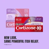 Red and purple Cortizone 10 packaging with text emphasizing fast itch relief for eczema, psoriasis, and dry skin. Tagline: "New Look. Same Powerful Itch Relief."