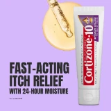 Tube of Cortizone-10 itch relief cream on a purple background next to a dropper and liquid. Text reads "Fast-acting itch relief with 24-hour moisture."