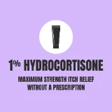 Purple background with a black icon of a tube in a white circle. Text reads "1% Hydrocortisone" and "Maximum strength itch relief without a prescription."