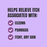 Text on a purple background reads "Helps relieve itch associated with:" followed by check-marked items: eczema, psoriasis, and itchy, dry skin.