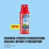 Red can of Cortizone-10 anti-itch spray on blue background with bold text, "Maximum-Strength Hydrocortisone Available Without a Prescription."