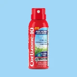 Red spray can of Cortizone-10 Anti-Itch Relief with soothing aloe, promises fast relief without mess. Set against a light blue background.