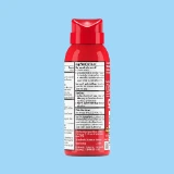 Red bottle with a white label on a blue background, showing detailed text including drug facts, directions, and storage information. The tone is clinical.
