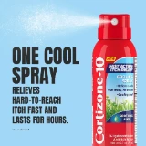 Red canister of Cortizone-10 cooling spray on blue background, dispersing mist. Text: "One cool spray relieves hard-to-reach itch fast."