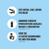 Blue background with three icons and text: "Fast-acting itch relief," "Maximum-strength hydrocortisone," and "#1 doctor recommended OTC anti-itch brand."