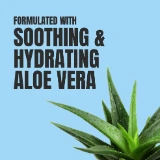 Text "Formulated with soothing & hydrating aloe vera" in bold black on a light blue background. A dewy aloe vera plant is visible at the bottom right.