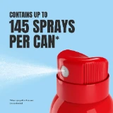 Red spray can with a nozzle spraying mist. Text reads "Contains up to 145 sprays per can" on a blue background, conveying efficiency.