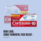 Packaging for Cortizone-10 Maximum Strength Anti-Itch Creme featuring a red and white design. Text highlights its benefits for sensitive skin.
