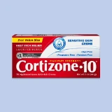 Packaging of Cortizone-10 anti-itch cream, 2 oz. box. Red and white design, emphasizes "Maximum Strength" and "Sensitive Skin." Fragrance, dye, and paraben-free.