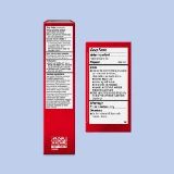 Red packaging displaying drug facts for a hydrocortisone anti-itch cream, listing active ingredients, uses, directions, and warnings against a light blue background.