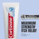 Tube of Cortizone-10 cream against a light blue background, labeled “Maximum Strength Itch Relief” and “#1 Doctor Recommended Anti-Itch Brand.”