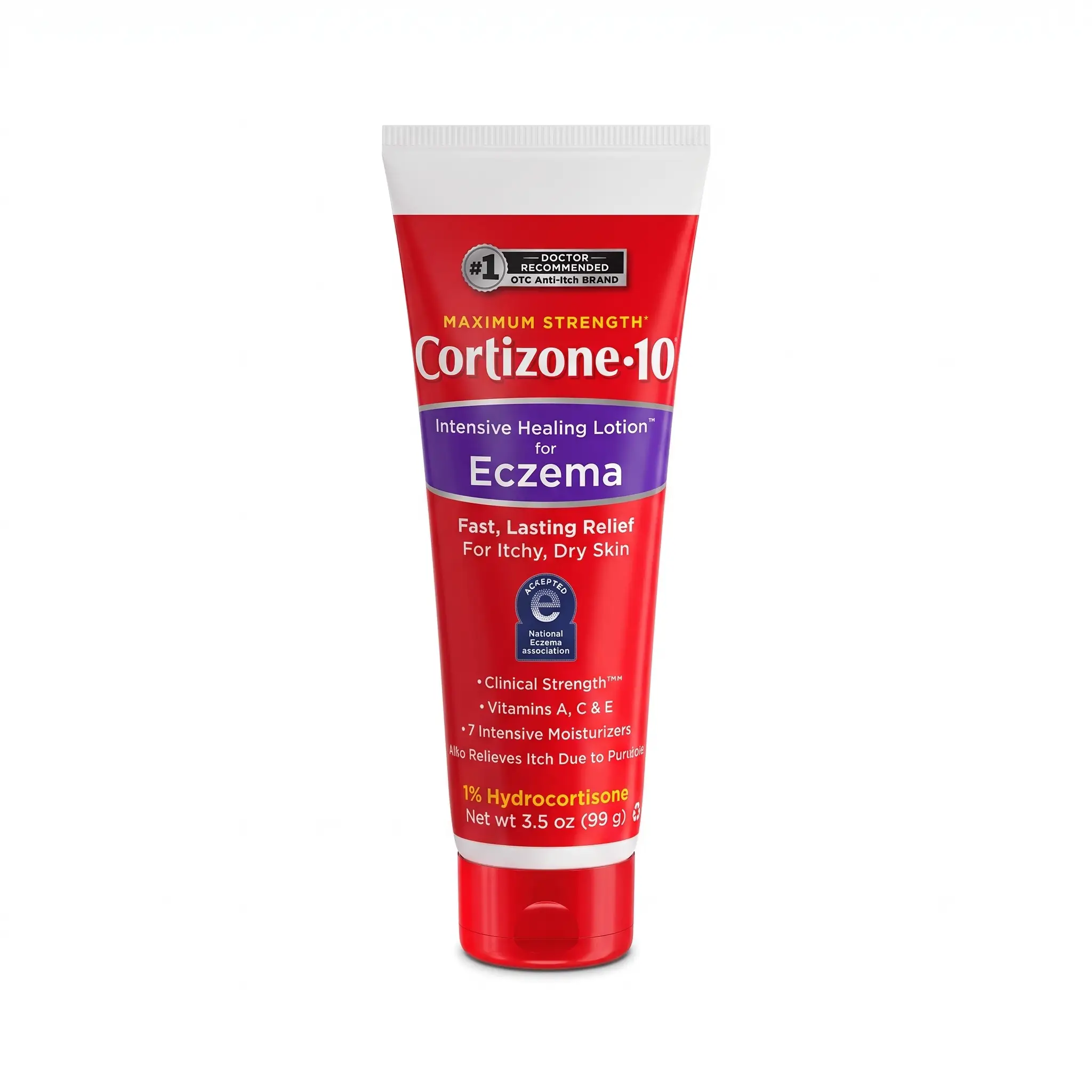 Red and white tube of Cortizone-10 intensive healing lotion for eczema on a light purple background. Describes fast relief for itchy, dry skin.