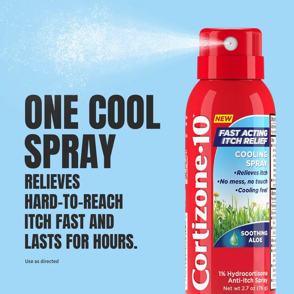 Red canister of Cortizone-10 cooling spray on blue background, dispersing mist. Text: "One cool spray relieves hard-to-reach itch fast."