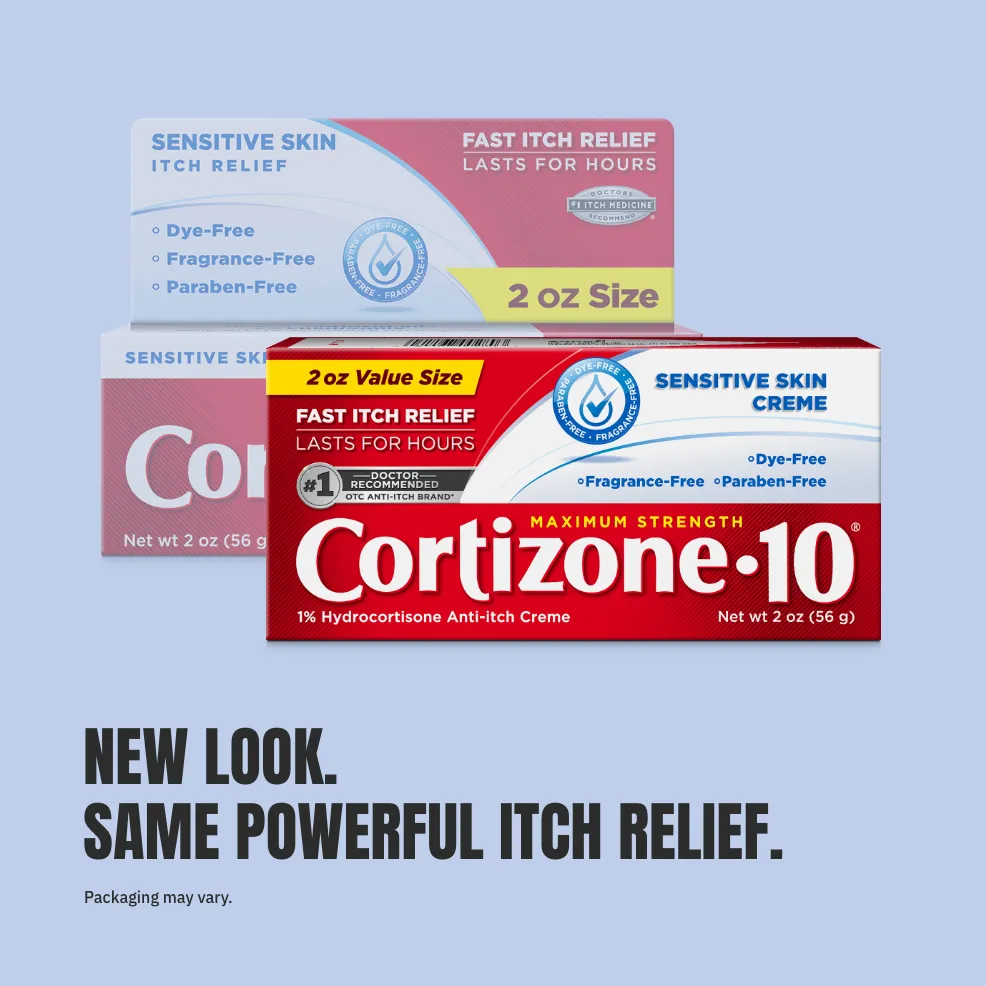 Packaging for Cortizone-10 Maximum Strength Anti-Itch Creme featuring a red and white design. Text highlights its benefits for sensitive skin.