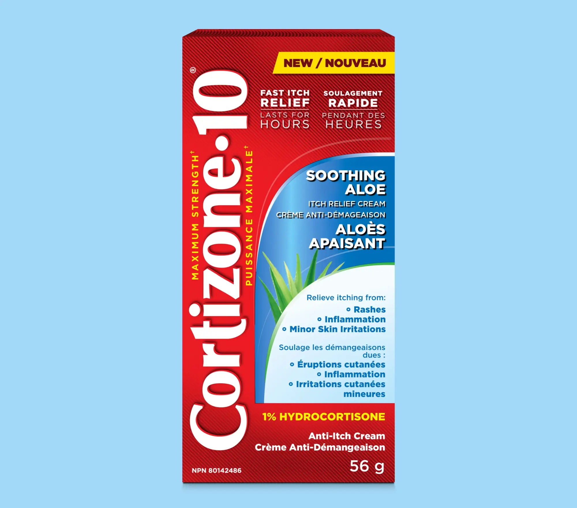 Devant de l'emballage de Cortizone-10® Crème anti-démangeaison aloès apaisant.