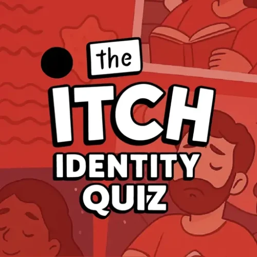 Illustrated banner for "The Itch Identity Quiz" in bold letters over red-toned background. Features partial images of calm, thoughtful people reading.