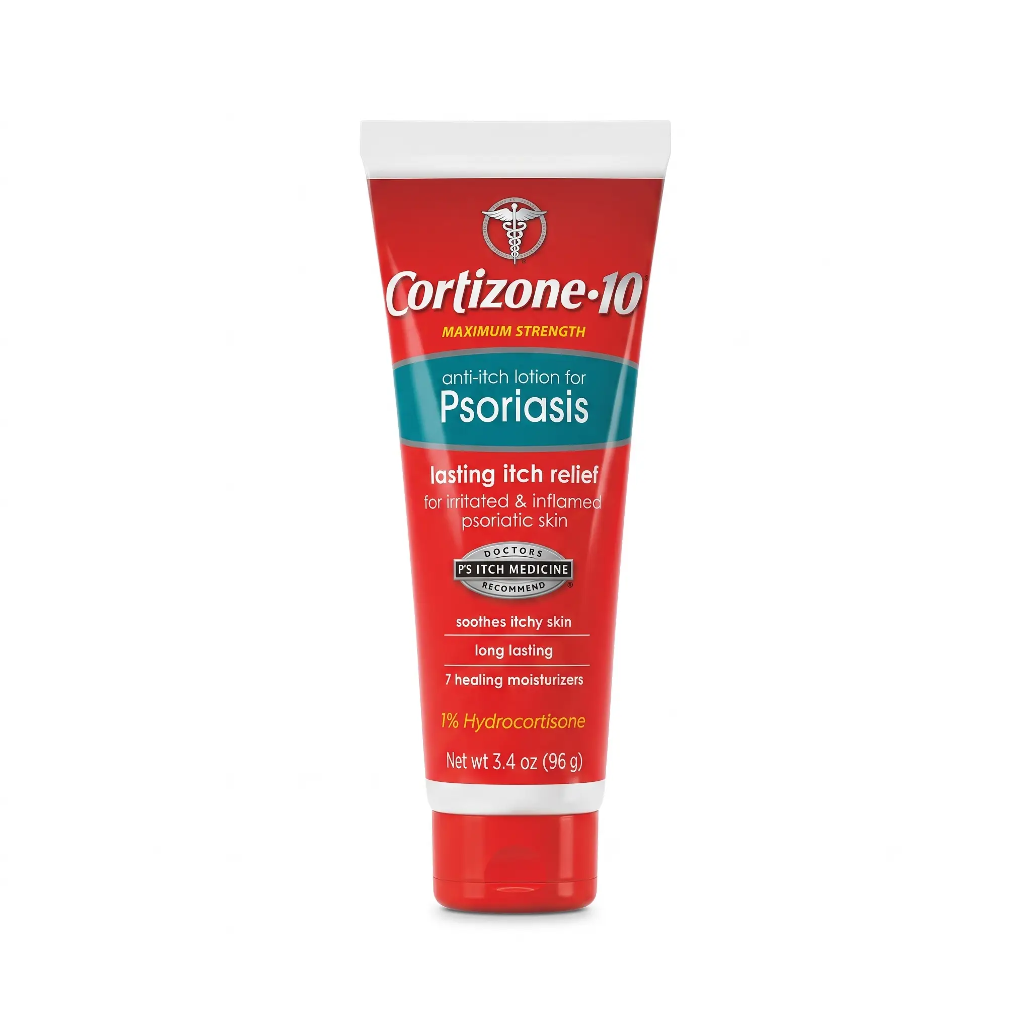 Cortizone-10 Psoriasis lotion tube on a light blue background. Red and turquoise design, labelled for itch relief. Contains 1% hydrocortisone.