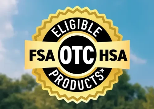 Gold badge with black center reads "Eligible Products" on top and bottom, with "FSA OTC HSA" across the middle. Background is a clear blue sky.