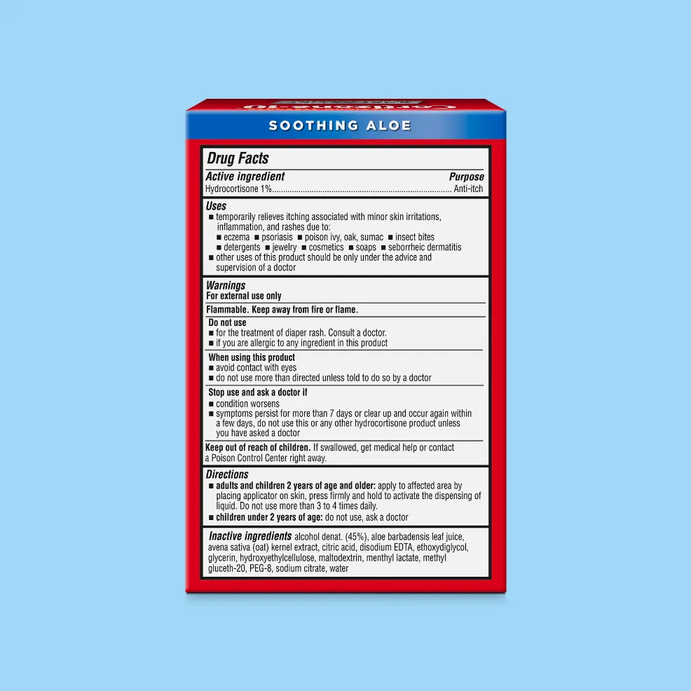 A red and blue box labeled "Soothing Aloe" against a light blue background. The text details hydrocortisone cream's drug facts, uses, warnings, and ingredients.