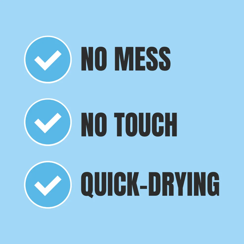Blue background with three white checkmarks next to bold, black text: "NO MESS," "NO TOUCH," "QUICK-DRYING." Emphasizes cleanliness and efficiency.