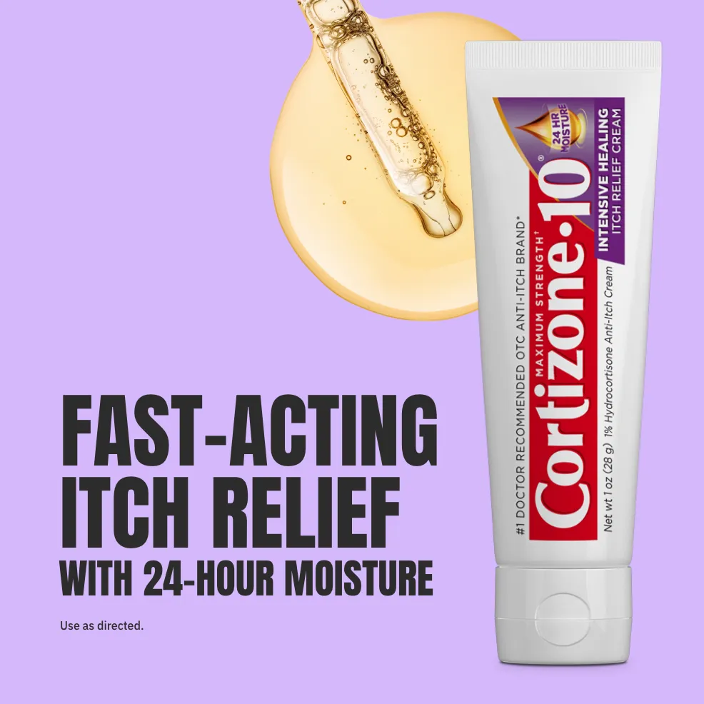Tube of Cortizone-10 itch relief cream on a purple background next to a dropper and liquid. Text reads "Fast-acting itch relief with 24-hour moisture."