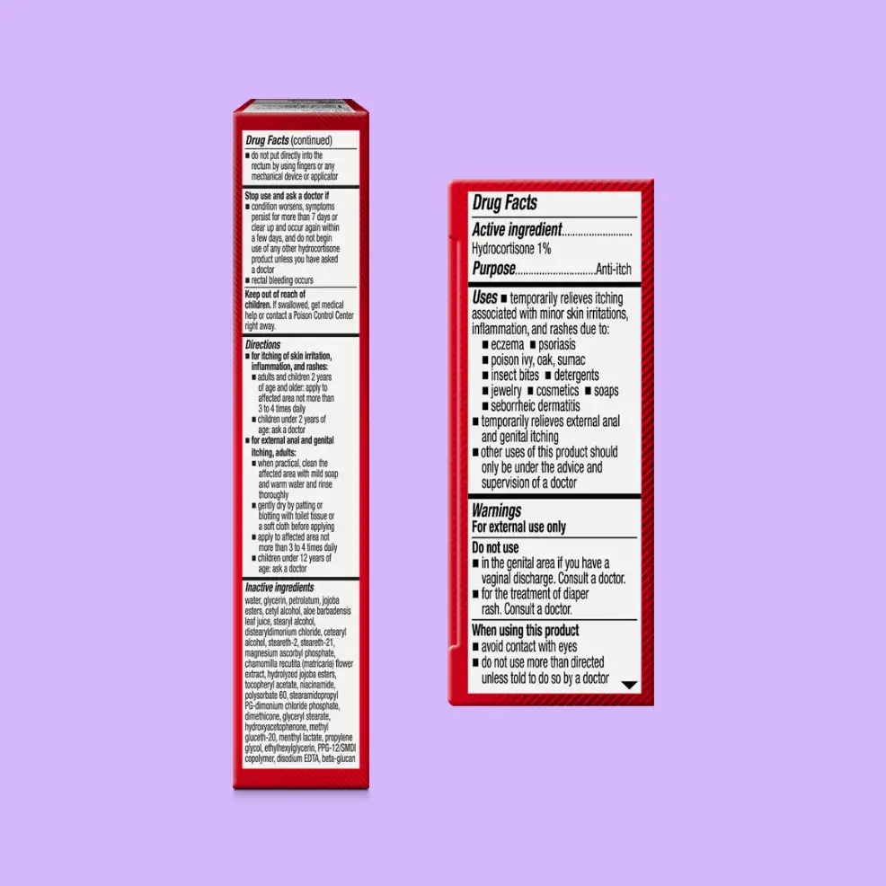 Alt text: "Two sides of a medication box with a purple background. Text details active ingredient, hydrocortisone 1%, and its anti-itch use for skin irritations."