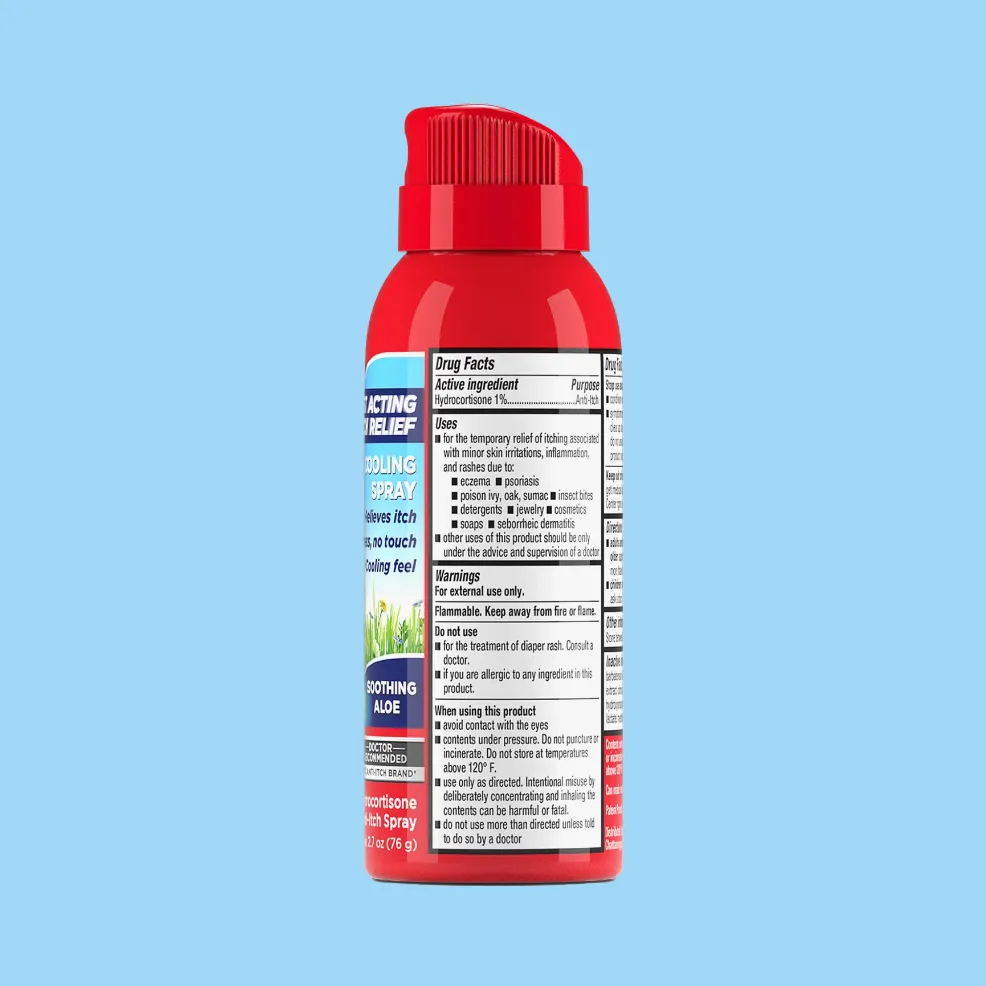 Red can of hydrocortisone anti-itch spray with white and blue labeling, showing drug facts, against a solid light blue background.