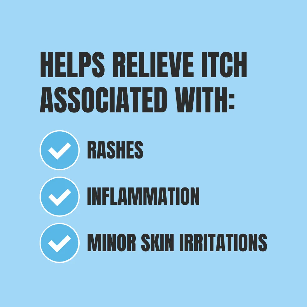 Text on a blue background states, "Helps relieve itch associated with: rashes, inflammation, minor skin irritations," with checkmarks beside each item.