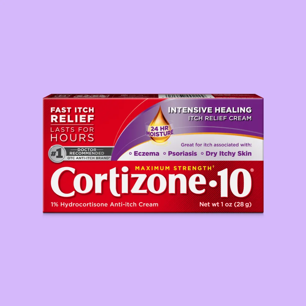 Cortizone-10 anti-itch cream box on a lavender background. Red packaging with text highlighting fast itch relief, eczema, psoriasis, and dry skin.