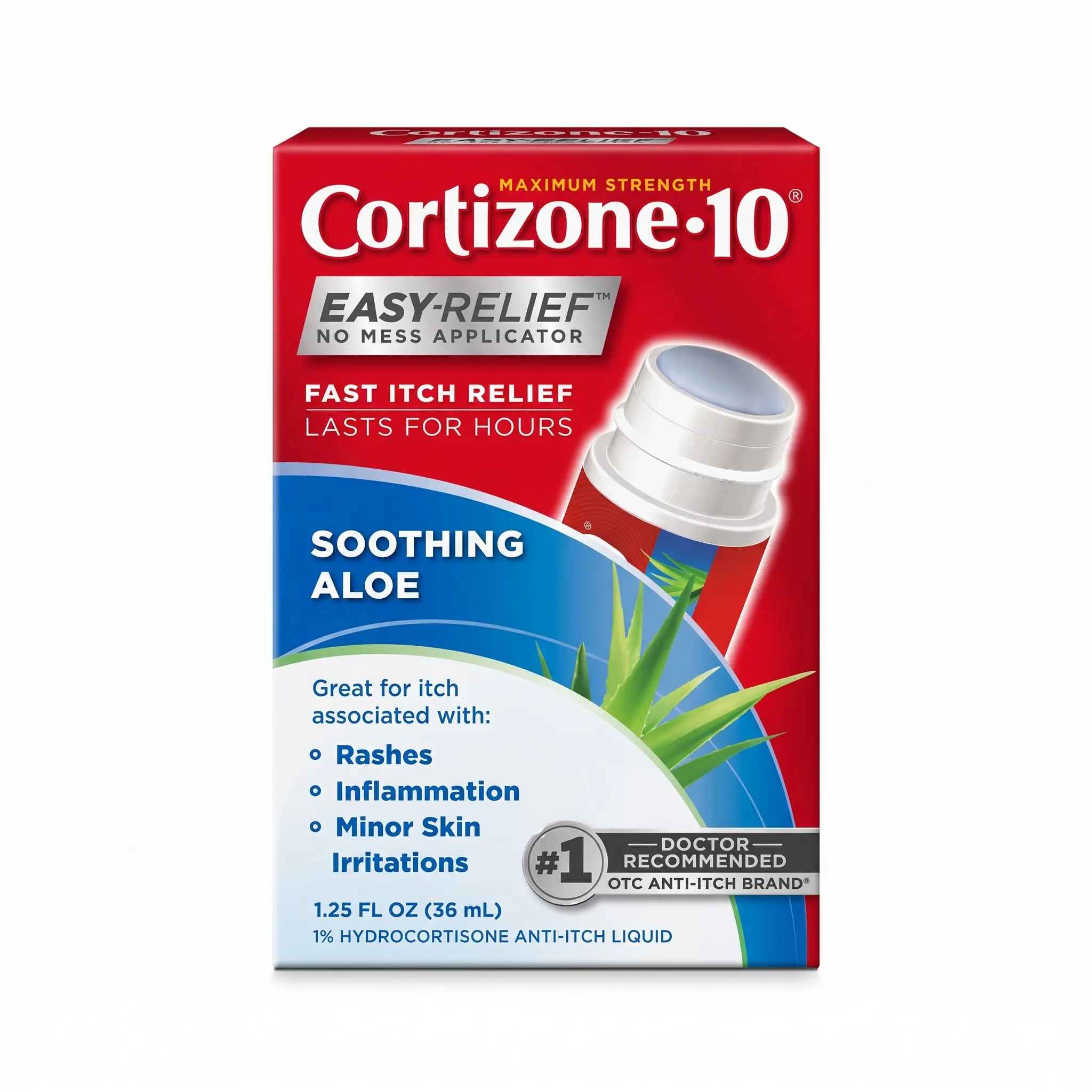 Red and blue packaging of Cortizone-10 with soothing aloe, featuring 
