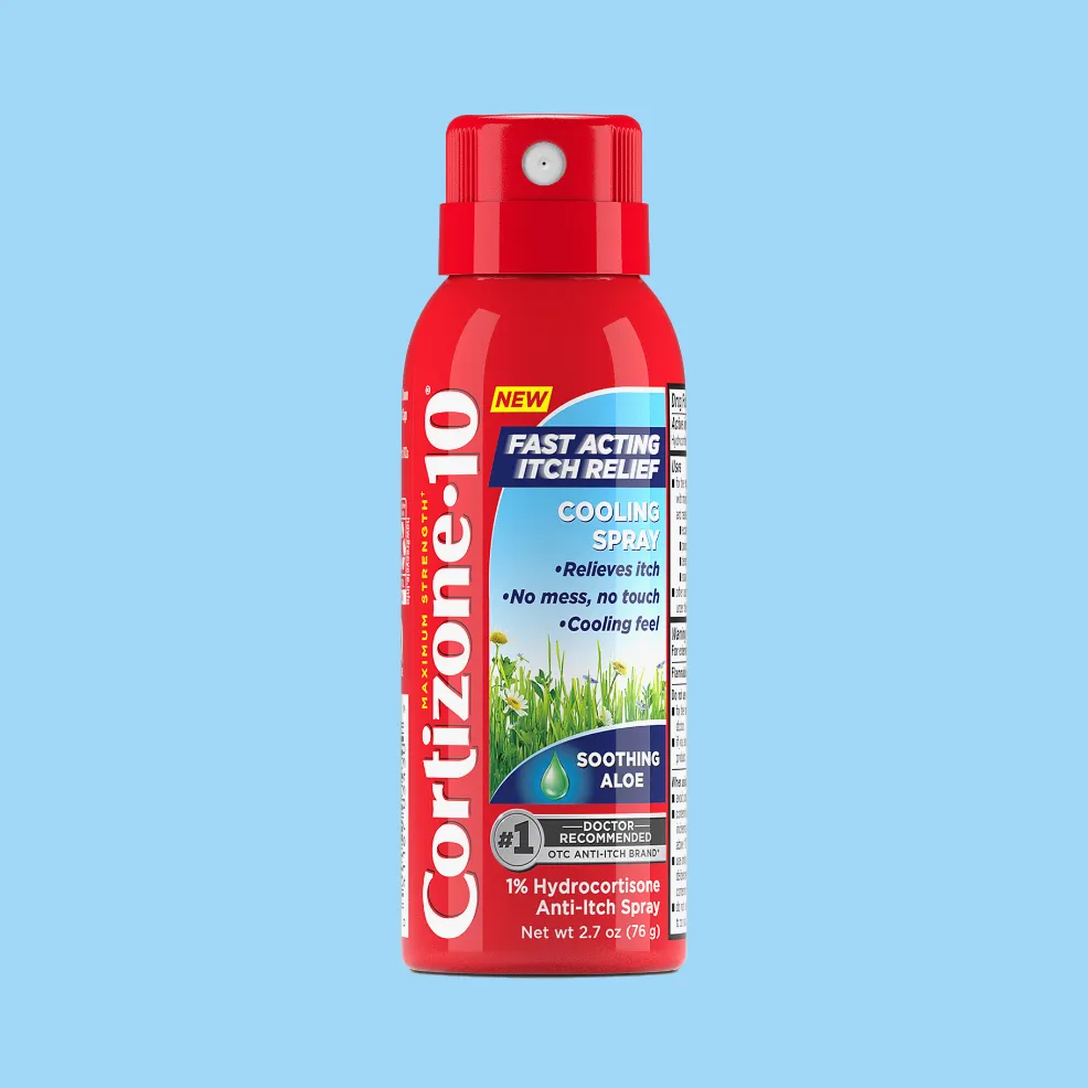 Red spray can of Cortizone-10 Anti-Itch Relief with soothing aloe, promises fast relief without mess. Set against a light blue background.