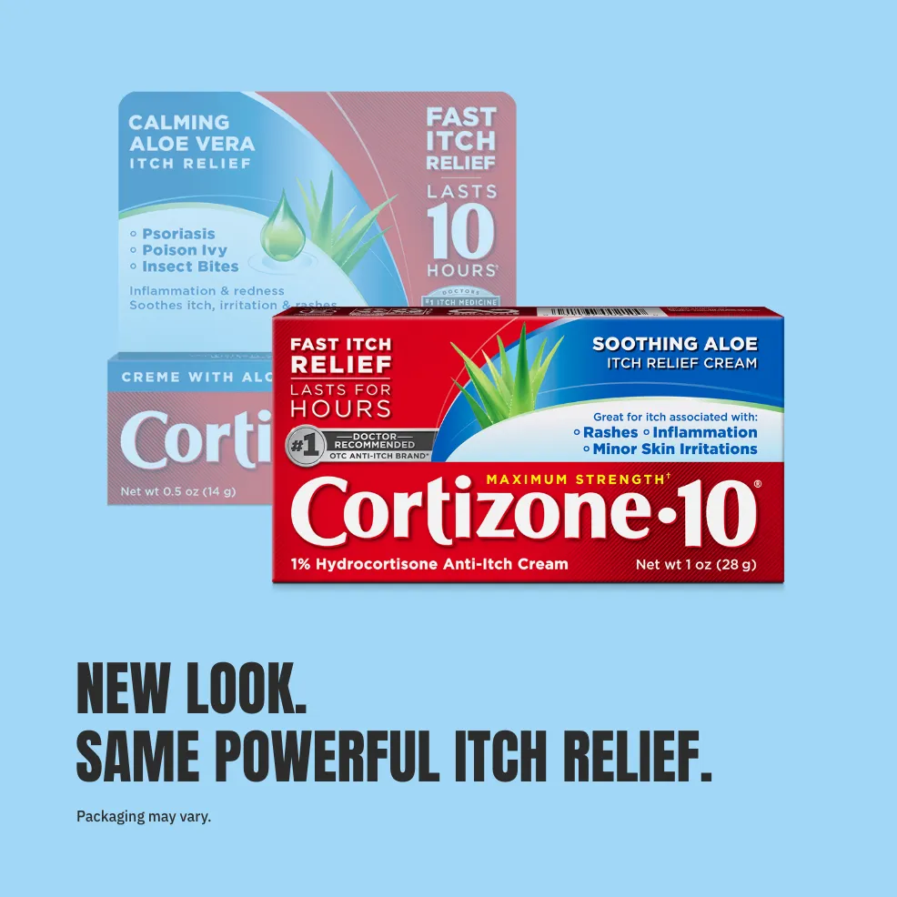 Two boxes of Cortizone-10 anti-itch creams, red and blue, feature aloe imagery. Text reads "New look. Same powerful itch relief." on a blue background.