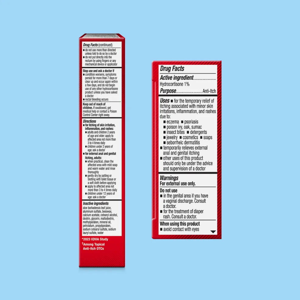 Alt text: Hydrocortisone anti-itch cream packaging on a light blue background. Text details drug facts, uses, active ingredient, and warnings for external use.