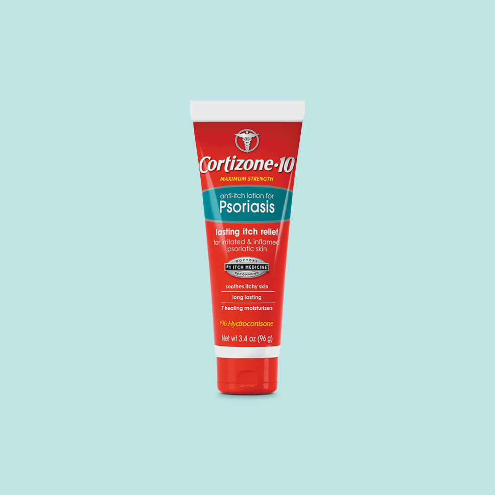 Cortizone-10 Psoriasis lotion tube on a light blue background. Red and turquoise design, labelled for itch relief. Contains 1% hydrocortisone.