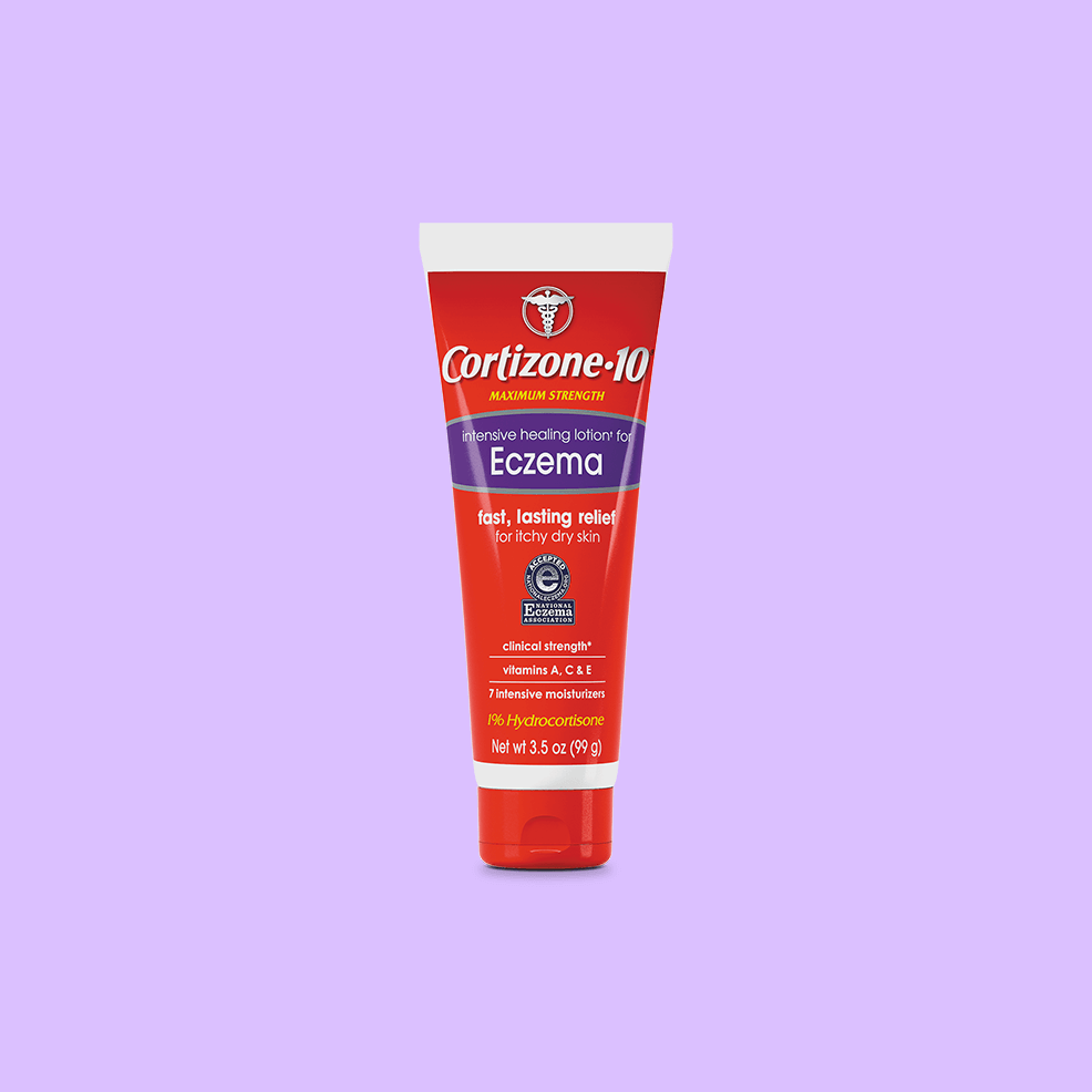 Red and white tube of Cortizone-10 intensive healing lotion for eczema on a light purple background. Describes fast relief for itchy, dry skin.