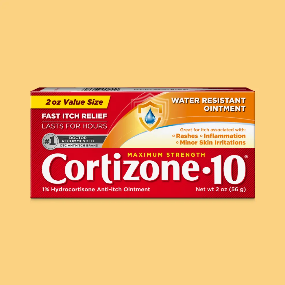 Box of Cortizone 10 Maximum Strength anti-itch ointment with yellow and orange design, highlighting fast, water-resistant itch relief for rashes and irritation.